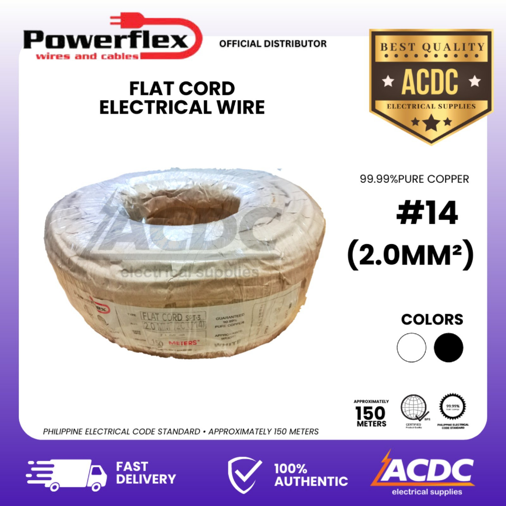 14 (2.0mm2) Powerflex Flat Cord 150meters 14/2 Pure Copper Extension