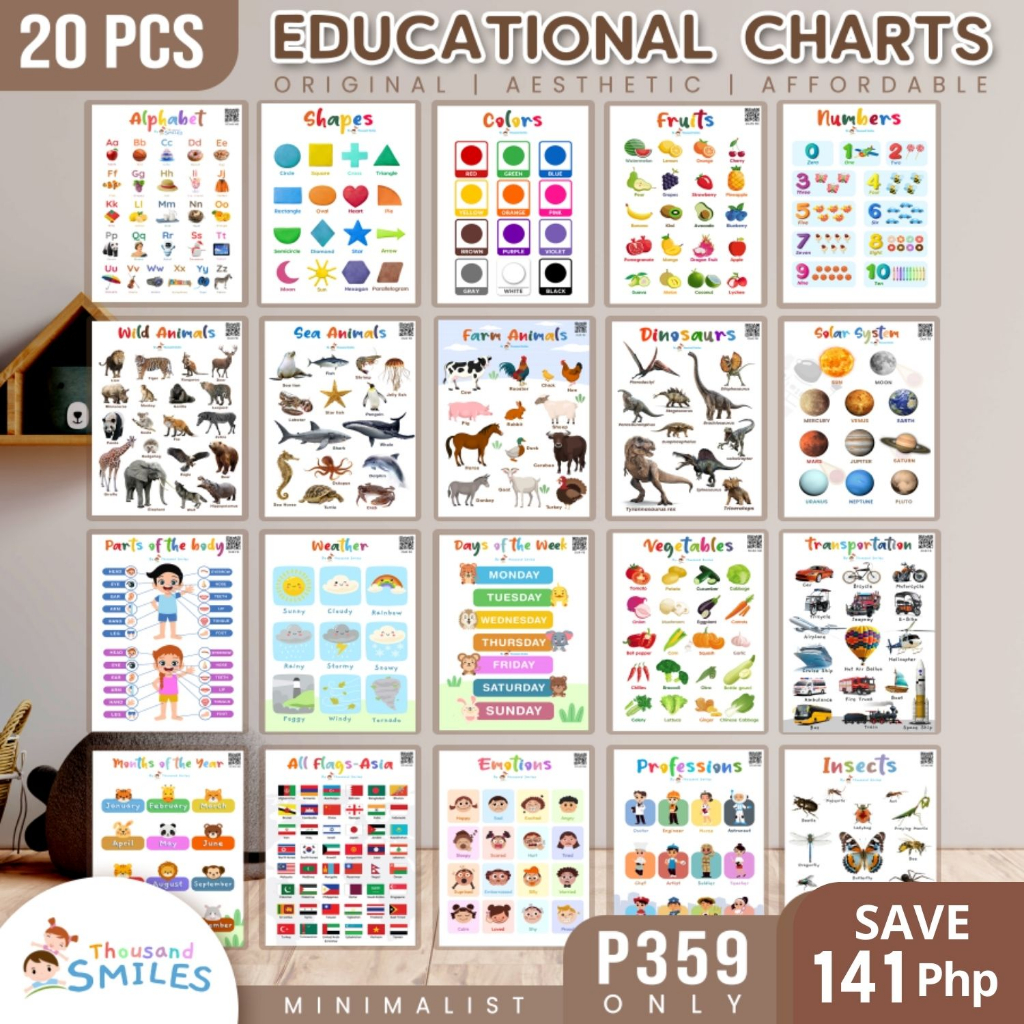 20PCS Educational Laminated Chart A4 size ABC Colors Shapes Numbers and ...