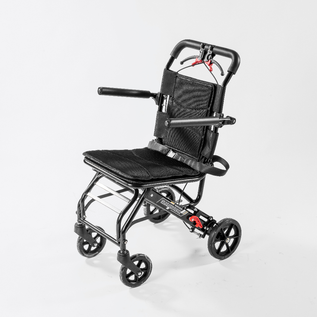 A travel wheelchair that can be boarded, easily folded, lightweight