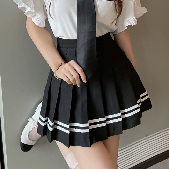 Pleated Short Skirt Schoolgirl Striped black Skirts A-line Skirt ...