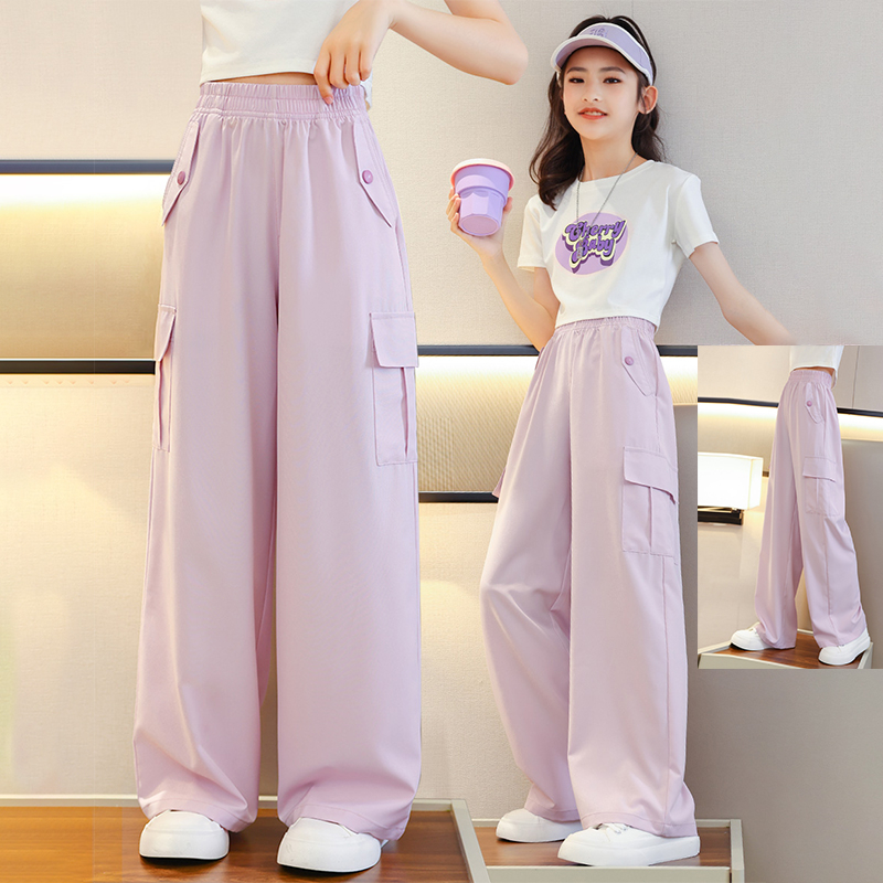 Summer Pants Wide Leg for Kids Girls 7-16 Yrs Casual Ice Silk Cargo ...