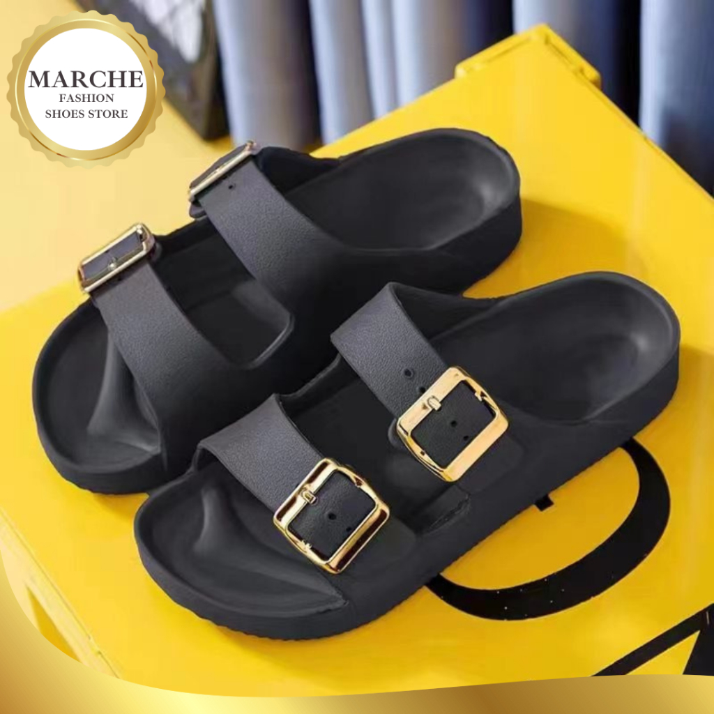 Marche Two Strap Gold Buckle Slippers For Women(add two size bigger ...