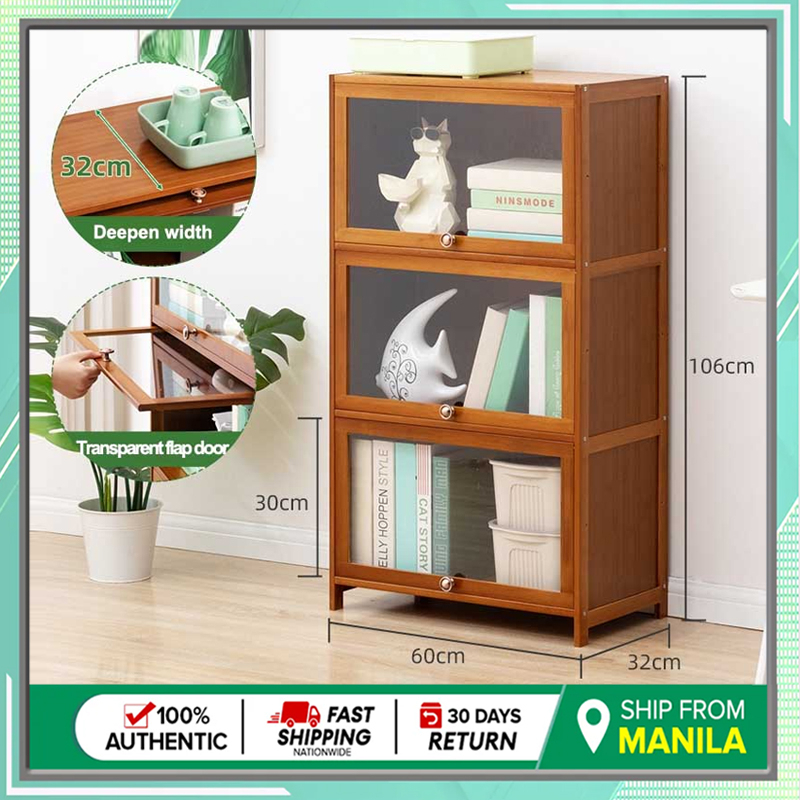 3/4layer storage rack Display Cabinet Glass Flip door bamboo bookshelf ...