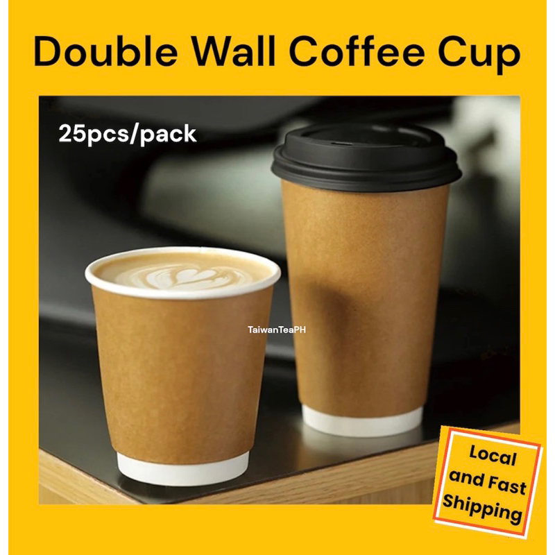 Double Wall Kraft Coffee Paper Cups with lids 25pcs 8oz 12oz | Shopee ...