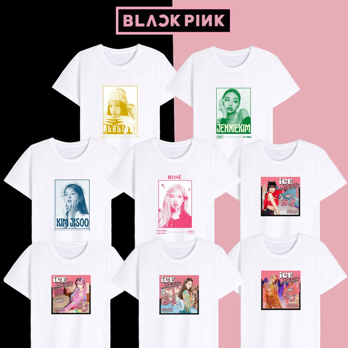 T-Shirt Oversize Blackpink - Lisa, Jennie, Jisoo, Rose - Tournée Mondiale 2025 - Graphisme Rétro - Pour Fan - Noir Et Rose - Femme/Ado