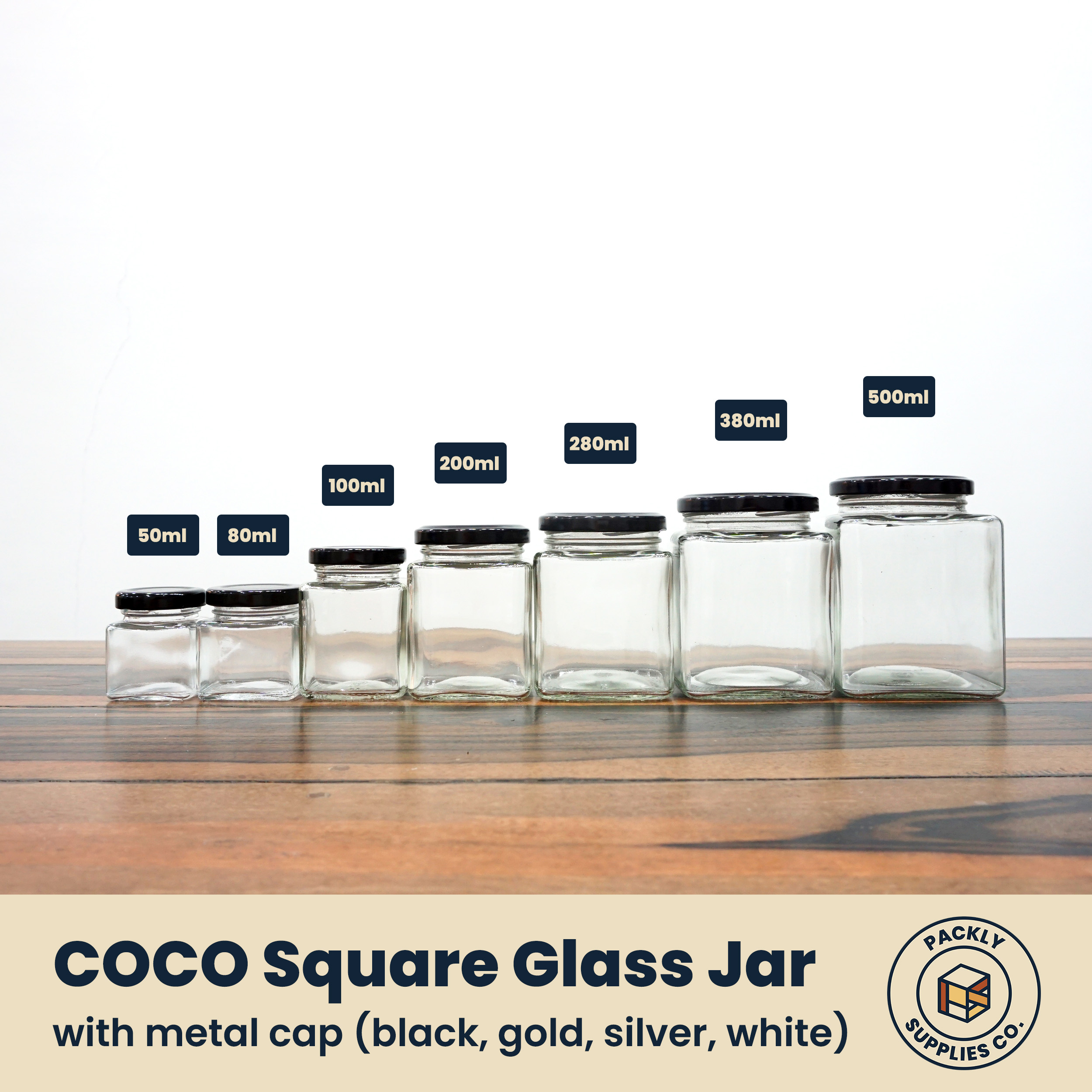 (1PC) COCO Square Glass Jar with Cap 50ml 80ml 100ml 200ml 280ml 380ml ...