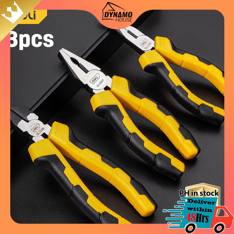 Deli 3Pcs Pliers Set Long Nose/Cutter Pliers Heavy Duty Combination Pliers Set Standard Pliers