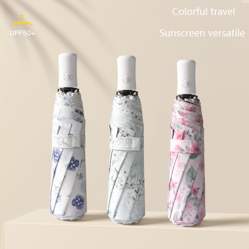 Floral umbrella Summer automatic three fold print folding sun umbrella