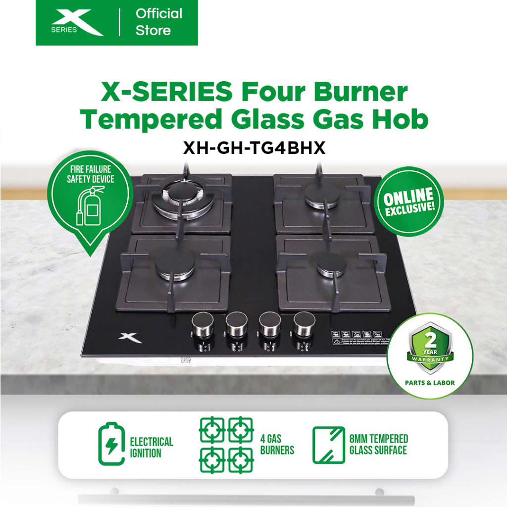 XSERIES 4 Burner Tempered Glass Gas Hob with Electric Ignition and FFD