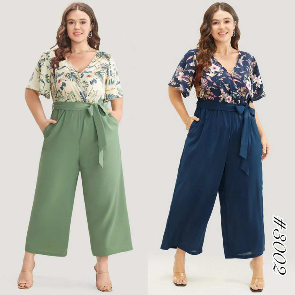 Plus Size Floral Ruffled Sleeve Self Belt Combo Jumpsuit | Shopee ...