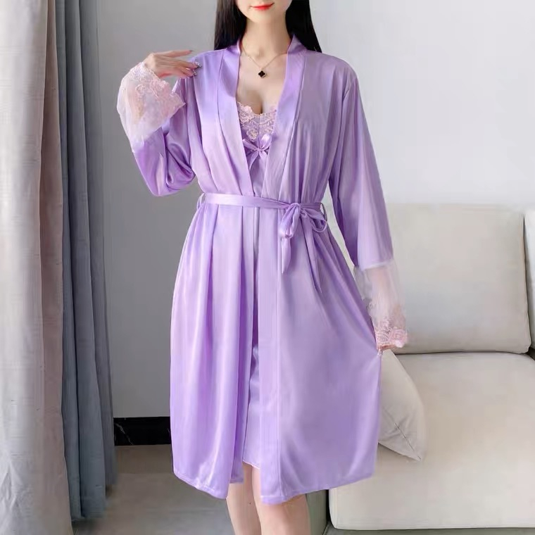@ELLA 2in1 SILK ROBE SET LACE SEXY TWO-PIECE HOME SUIT SLEEPWEAR S-L ...