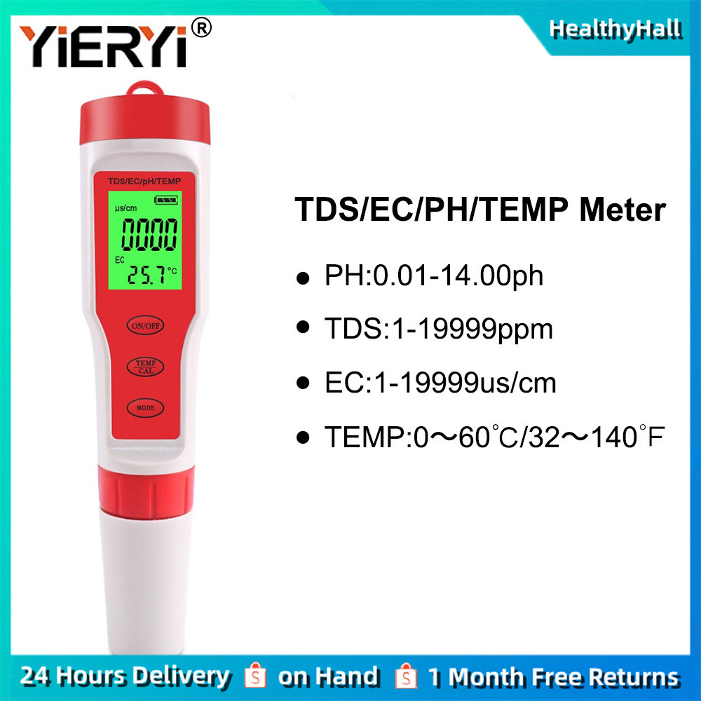 PH/TDS/EC/TEMP 4 in 1 Water Quality Tester Conductivity Meter High ...
