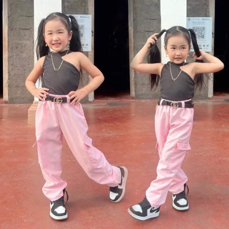 Cargo Pants and Plain Top Terno Pair for Kids Girls 3 to 5 years old