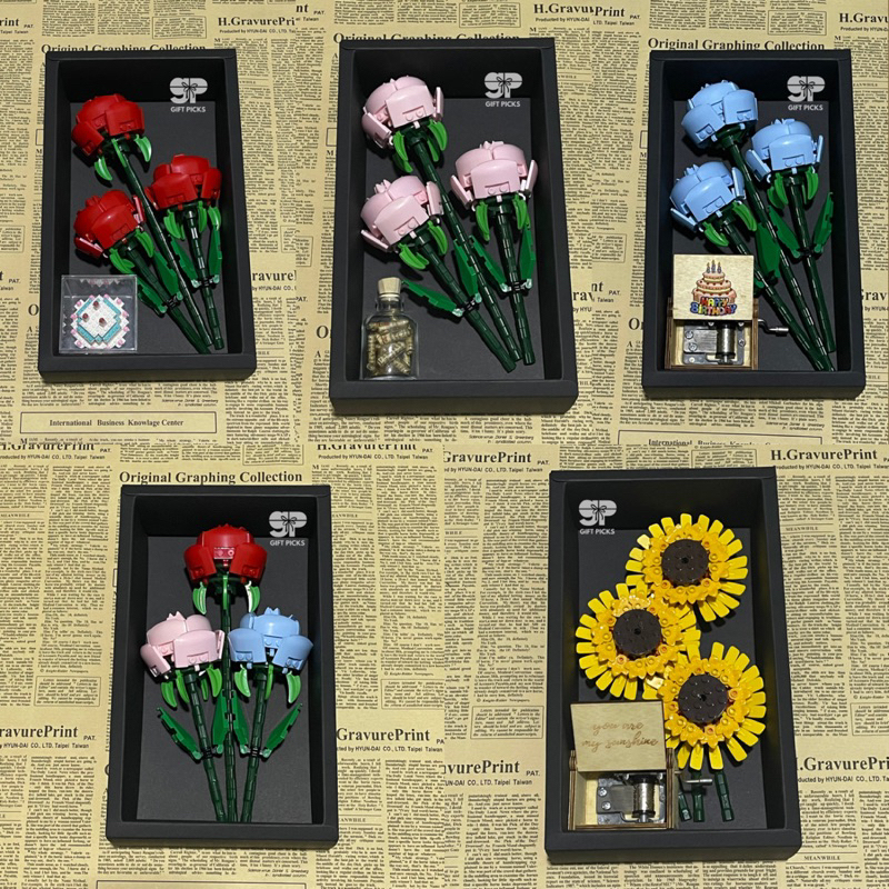 ASSEMBLED Lego Inspired Rose Sunflower Eternal Flower Bouquet Gift Set