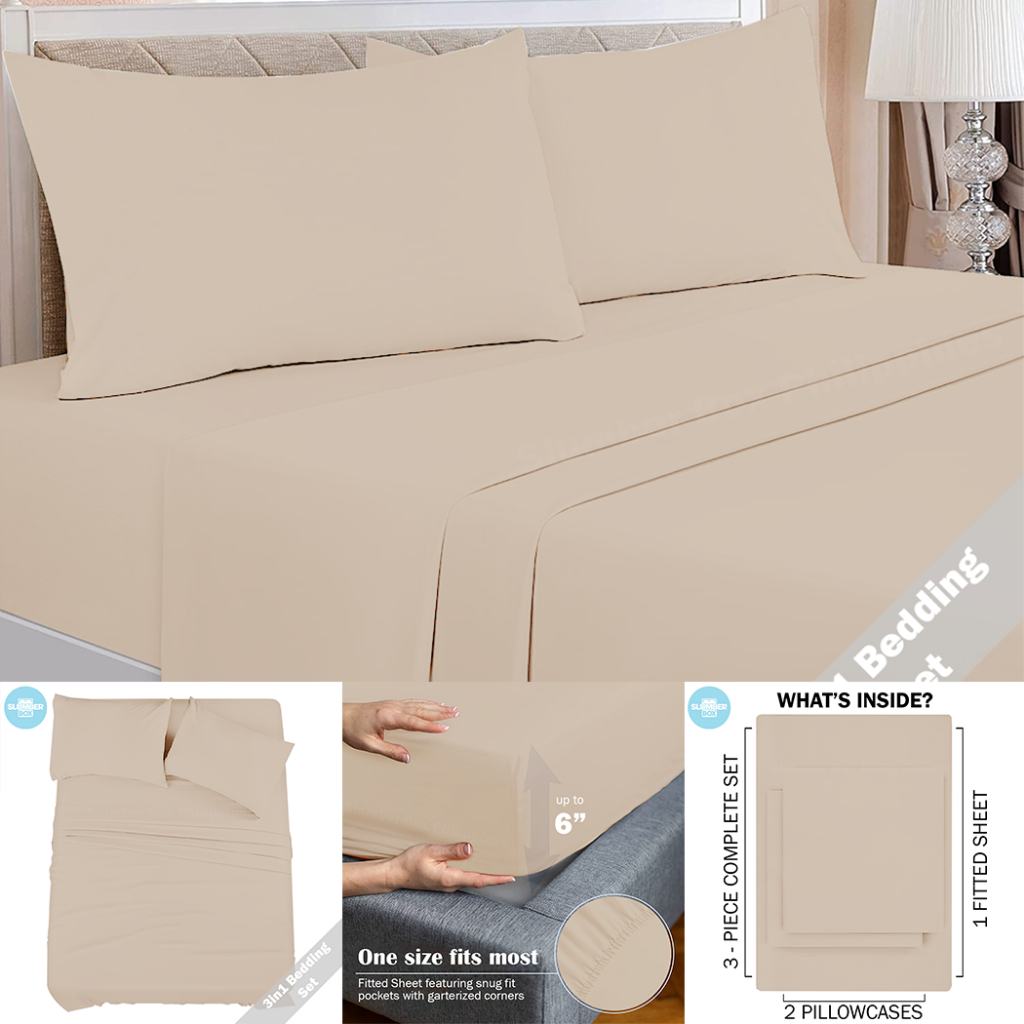 Slumber Box 3 in 1 Bed Sheet Set Bedsheets (1 Fitted Sheet + 2 ...