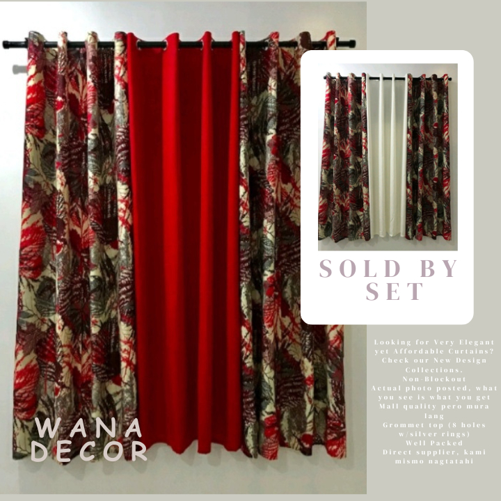 WANA - 3in1 Set Cardivine Red Cretona Fabric Window Curtain Sold by set ...