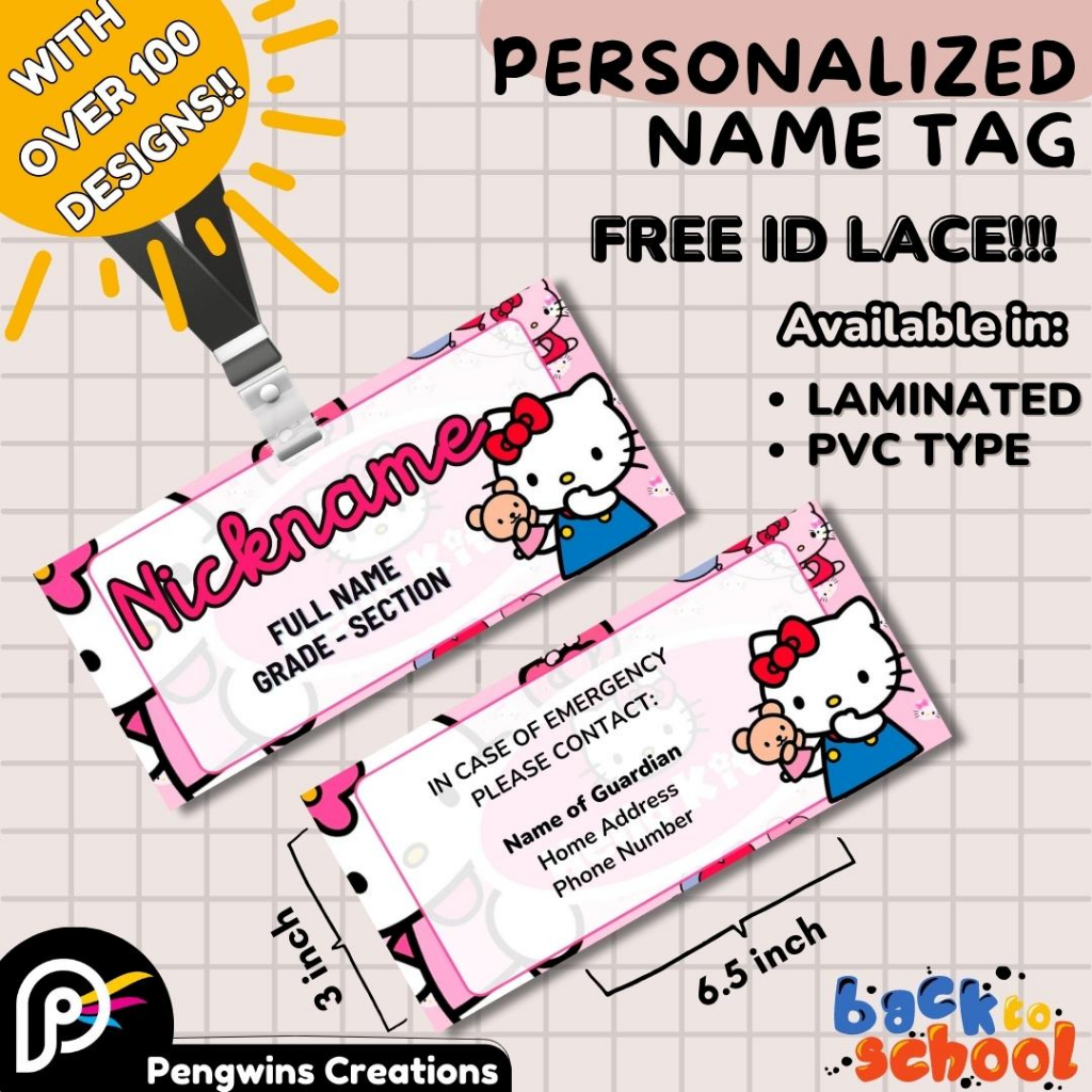 HELLO KITTY Designs - Customized PVC or LAMINATED School Name Tag for ...