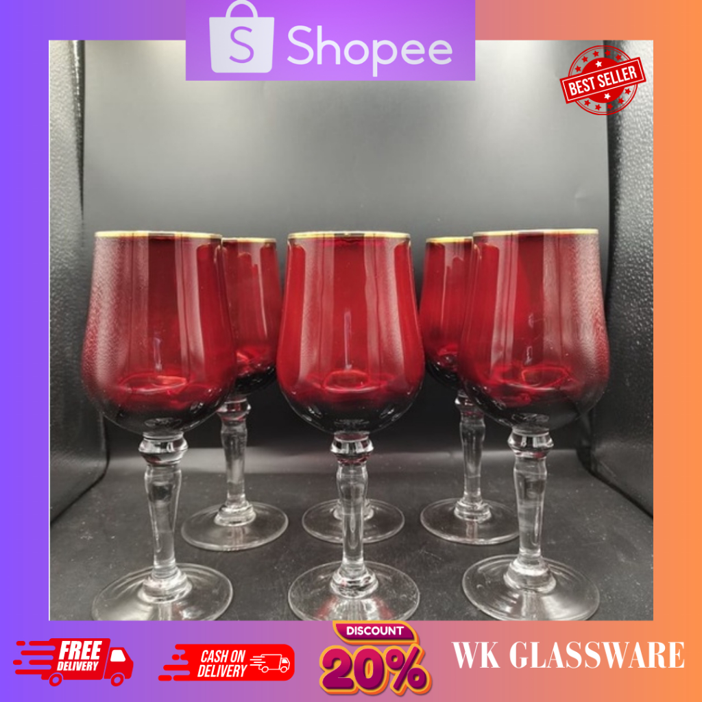 Red champagne Glass 6pcs set / Red wine glass drinking glass 3057 with gold rimmed Shopee