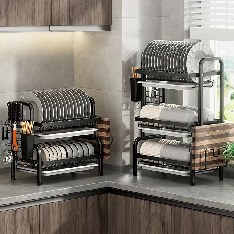 New Kitchen Racks Organizer 2 Layers/3 Layers Black Metal Dish Drainer ...