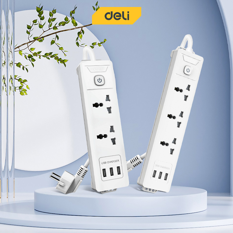 Deli 2M Power Strip Universal Triple Electirc Socket With 3 USB Port ...