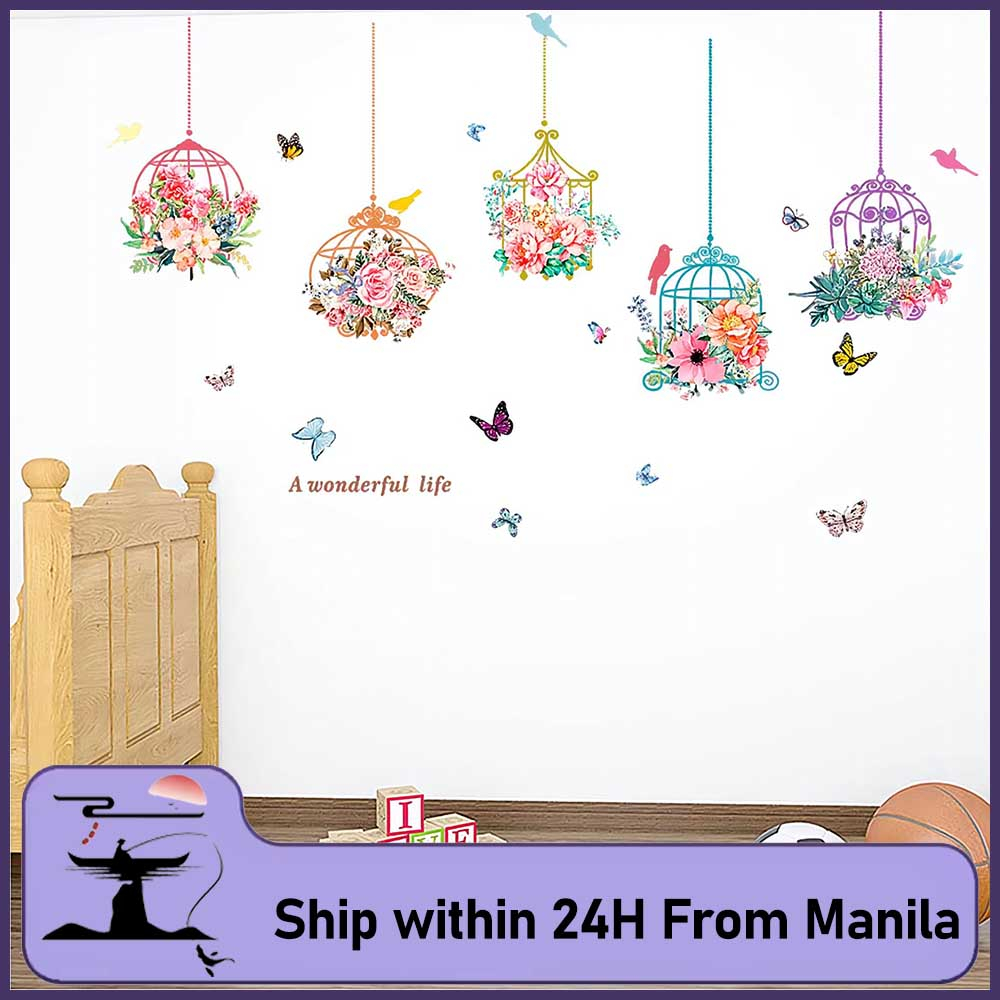 Hanging Birdcage Wall Stickers Butterfly Flowers Background Wall Art