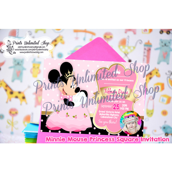 COD Minnie Mouse Square Theme Christening Birthday Invitation