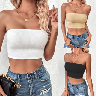 SheIn Women's Casual Summer Solid Knit Strapless Basic Crop Bandeau Tube Top