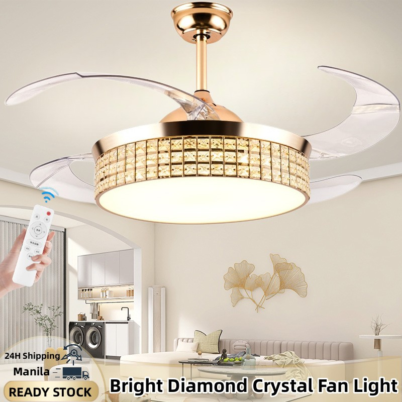 Crystal Tricolor fan lamp Remote intelligent dimming fan light ...