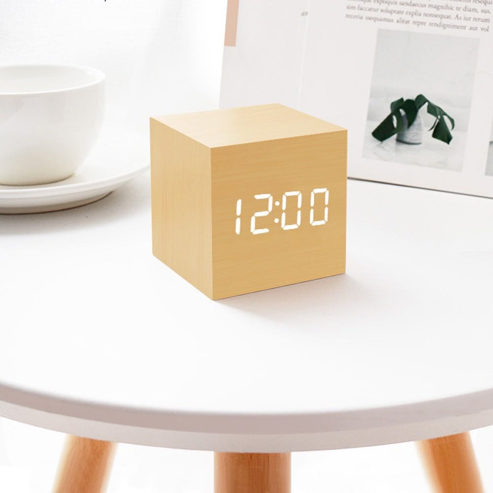 Digital Mini Size Wooden Cube Alarm Clock with LED, Temperature, and Voice Sensor Function