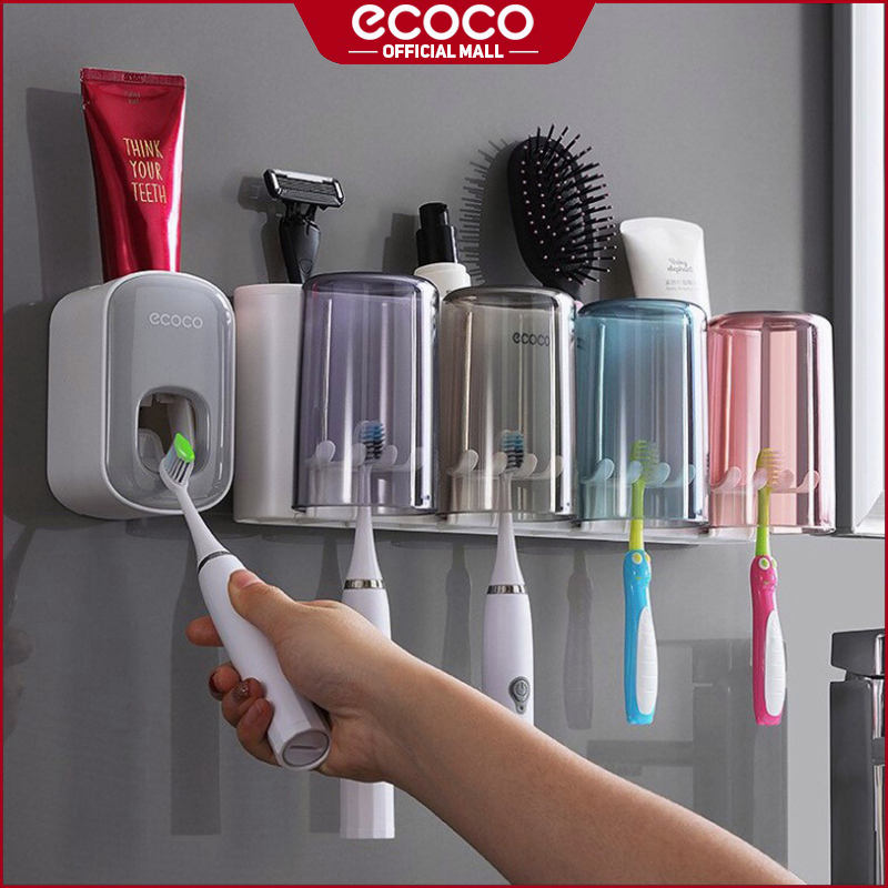 Ecoco Toothbrush Holder Wall Mounted Toothpaste Dispenser Squeezer