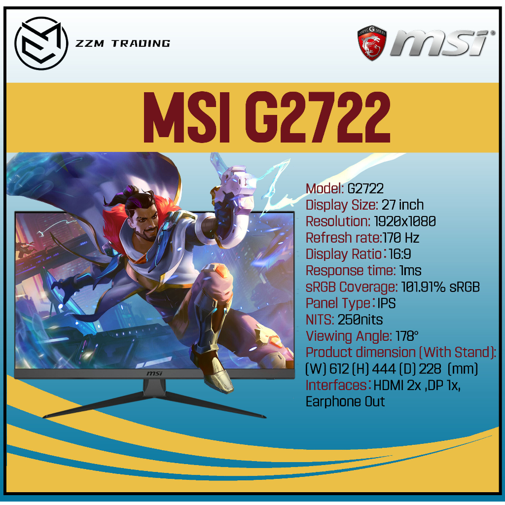 MSI G2722 GAMING MONITOR 27" 1920x1080 170Hz IPS 16:9 1ms 101%sRGB ...