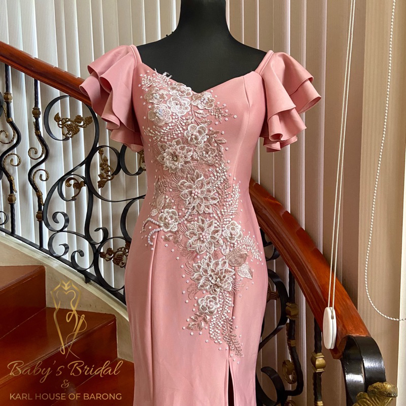 Blush Pink Neoprene Long Gown with Butterfly Sleeves (Long Gown/ Ninang
