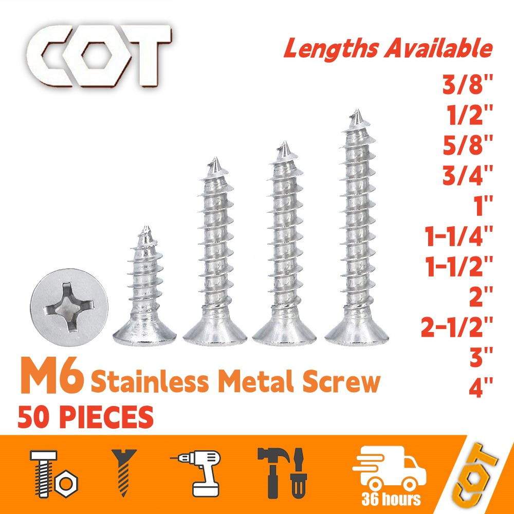 COT 50PCS 6 x 3/83 inches Stainless Metal Screw Flathead SS Wood