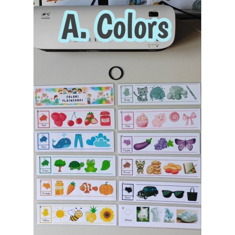 LAMINATED FLASHCARDS colors, alphabet with pronunciation guide, ABC