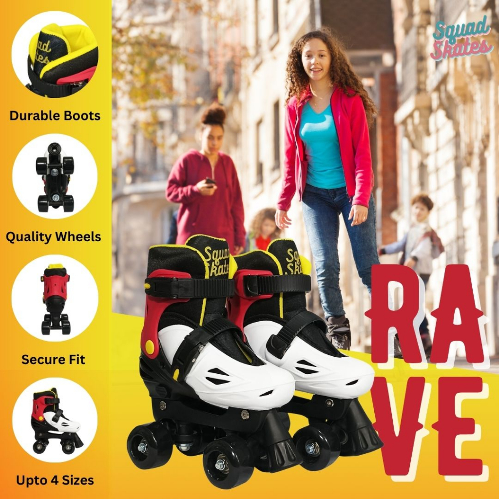 Squad Skates Rave Adjustable Quad Skates for Kids (XS/EU27-EU30 to  L/EU39-EU42)-Black/White/Red