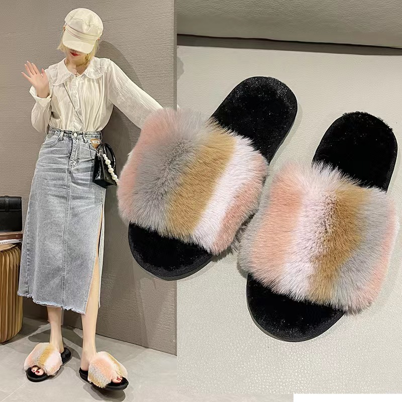 TL-17 new color imitation rabbit hair flip-flops women's home warm ...