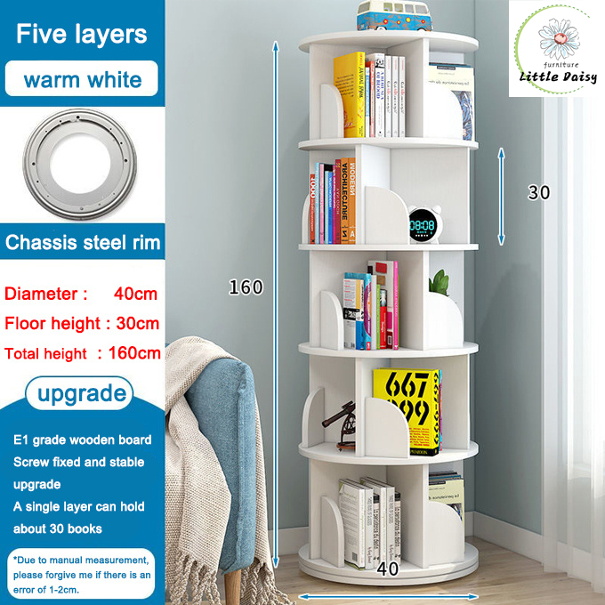 360° Wooden Rotating Bookshelf Multipurpose Storage Bookcase White