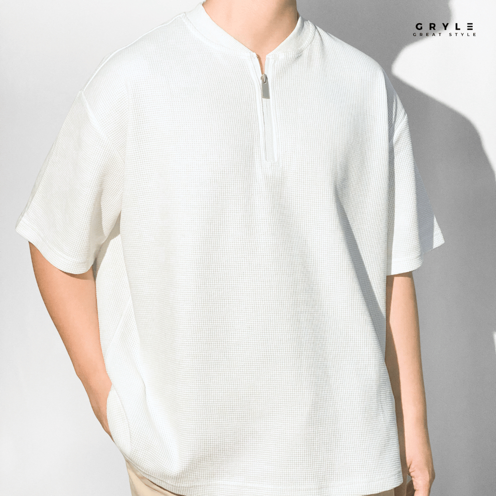 Oversized QuarterZip Waffle Henley Shirt Gryle Shopee Philippines
