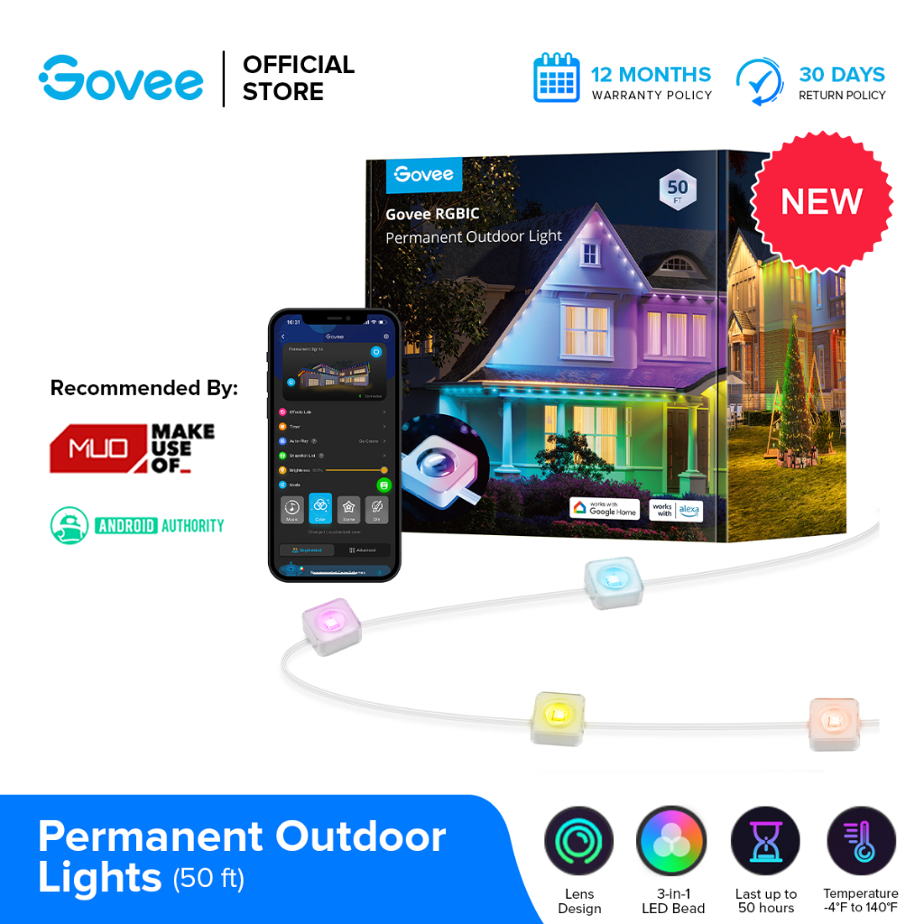 Govee Permanent Outdoor Lights, Smart RGBIC Outdoor Lights with 73 Scene Modes, 50ft, IP67