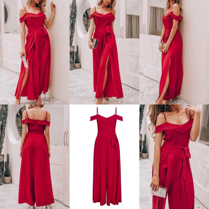 plain Elegant classy casual semi formal offshoulder puff sleeves wedding bridal evening jumpsuit Shopee Philippines