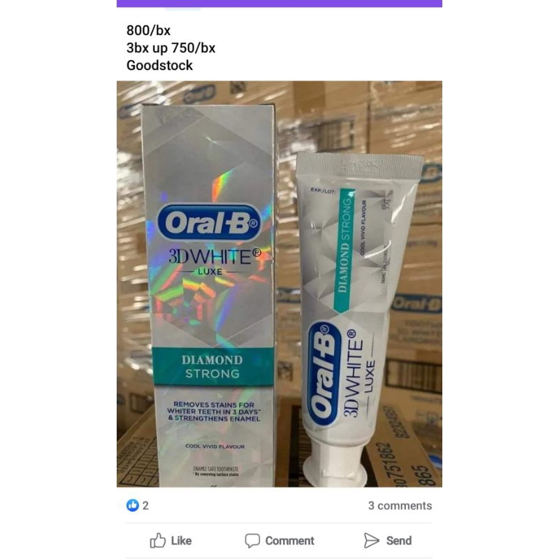 ORALB 3DWHITE LUXE ENAMEL SAFE TOOTHPASTE DIAMOND STRONG REMOVES STAINS IN 3DAYS(95g) Shopee