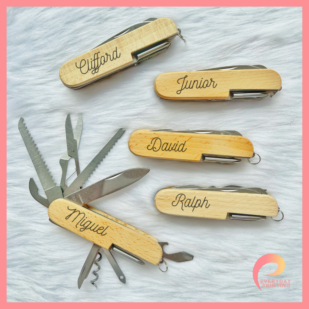 Laser Engraved Multi Tool Pocket Swiss Wooden Knife for Father's Day