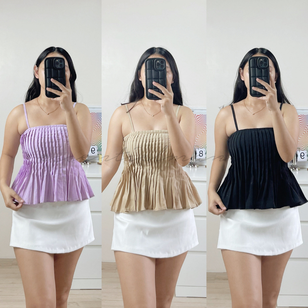 ESSENTIELMANILA String Pleated Linen Top EM301 | Shopee Philippines