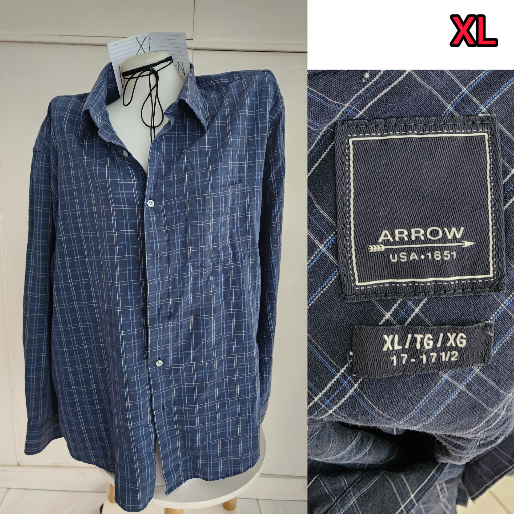 Arrow Dark Blue Plaid Checkered Longsleeves Polo Collar Top for men and ...