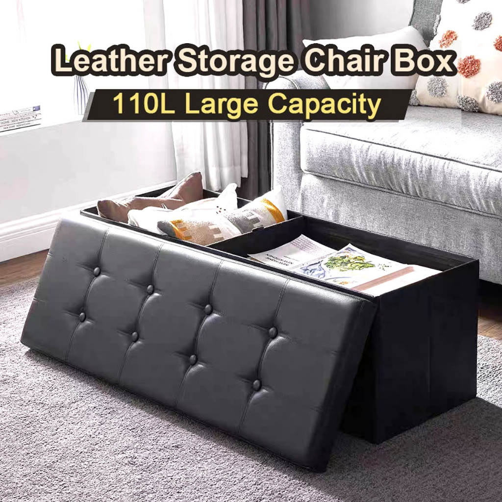 Leather ottoman storage box stool Rectangular storage stool sit adult sofa folding storage chair