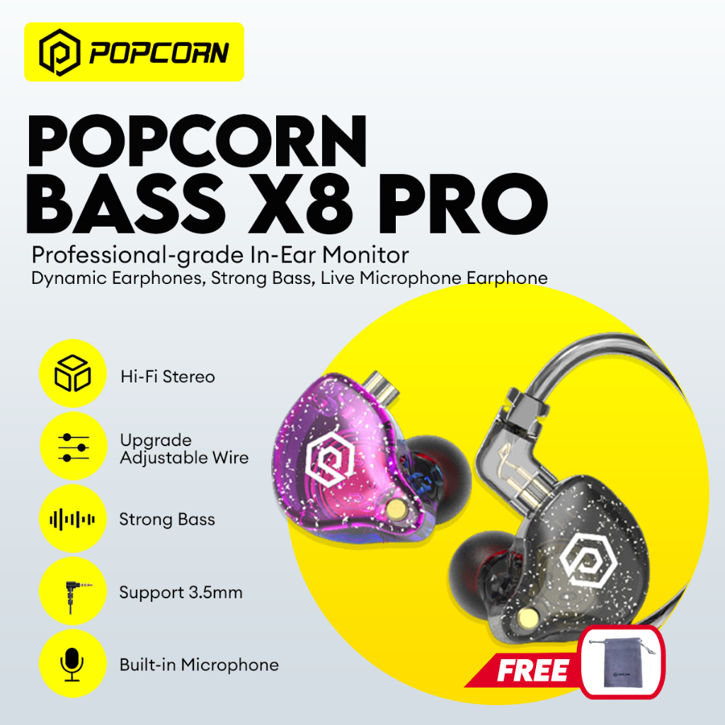 Popcorn Bass X8 Pro Dynamic Earphones Live Stream Hi Fi Bass Earbuds In
