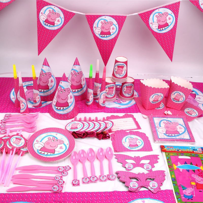 Pink Pig Theme Disposable Tableware (Plates, Cups, Topper, Table Cover ...