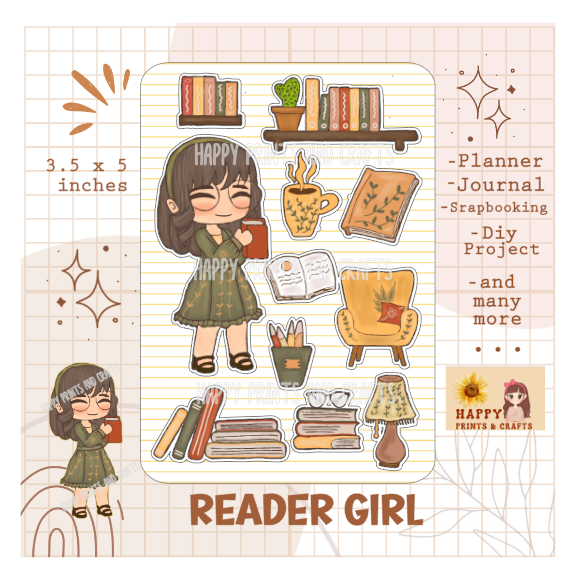Reader Girl Stickers l Cute Stickers l for your journal, planner ...