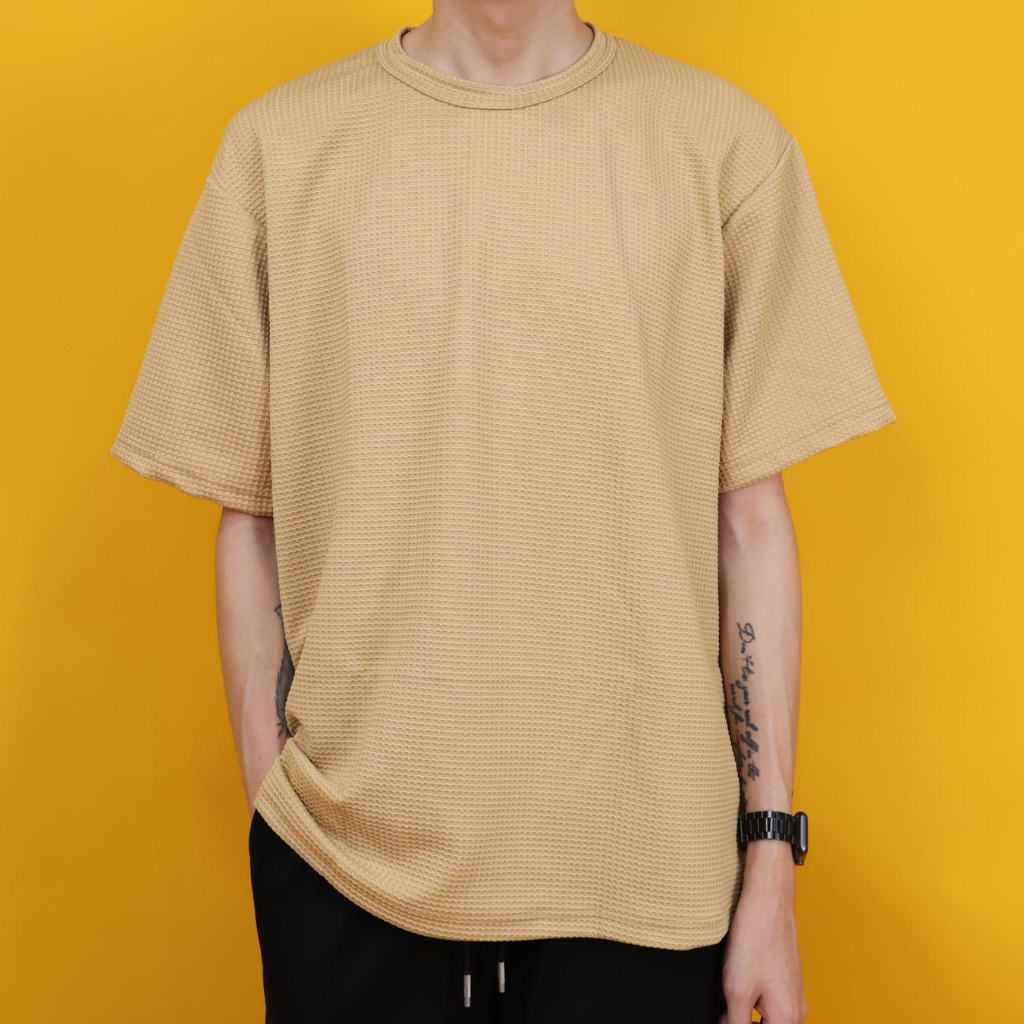 Men Beige Waffle Oversize T-Shirt