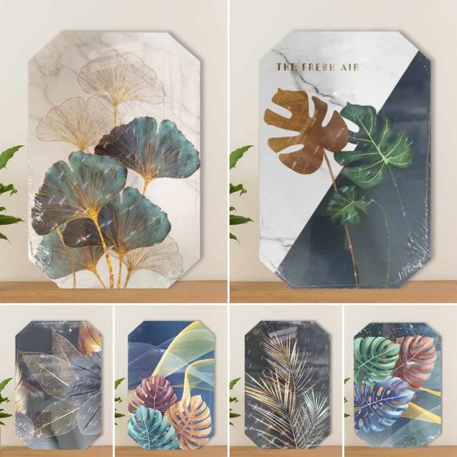 Decors and Beyond Minimalist Nordic Floral Leaf Octagon Wooden Hanging Wall Mount Decoration